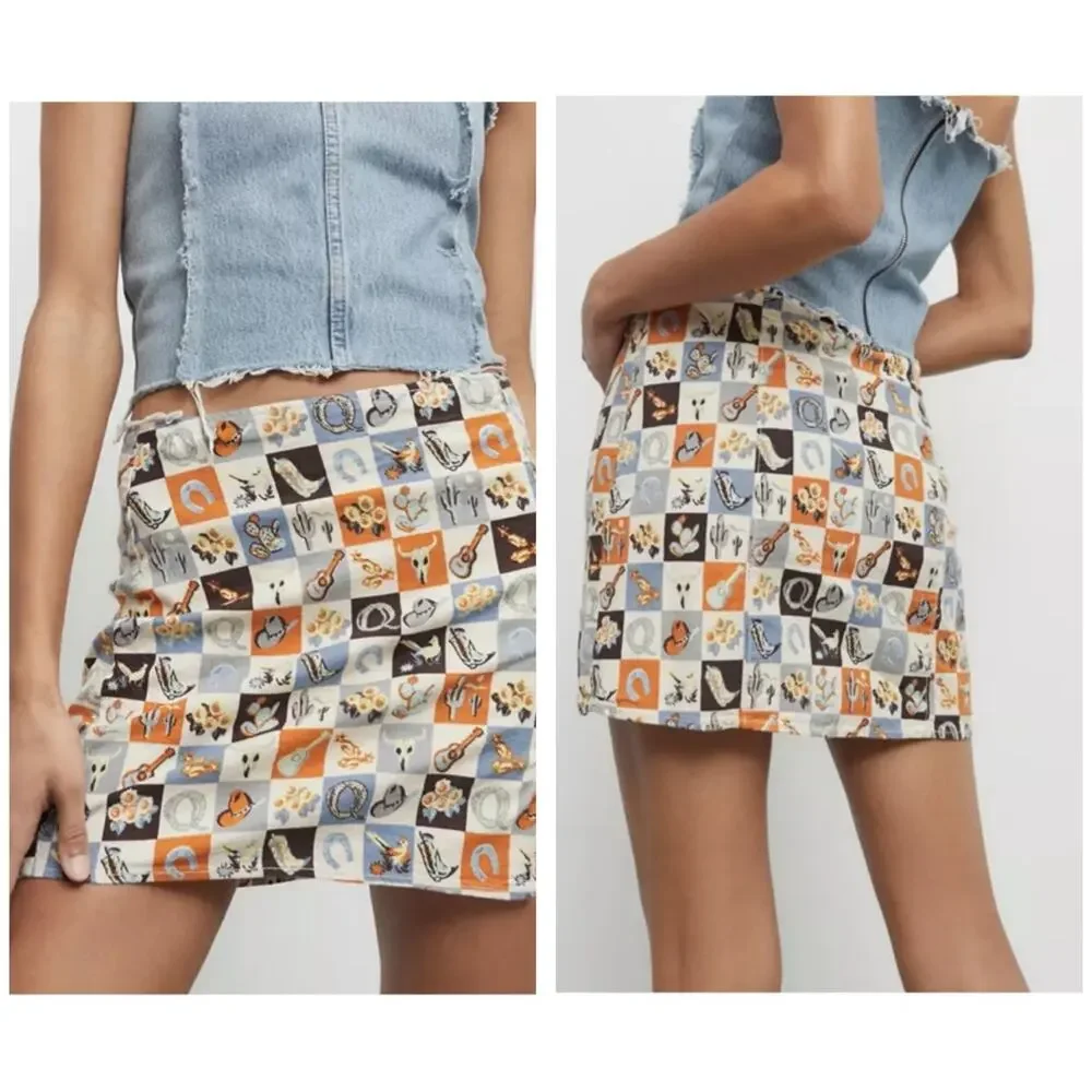 NWT Urban Outfitters Western Cowboy Mini Skirt Large Brown Blue Festival Boho